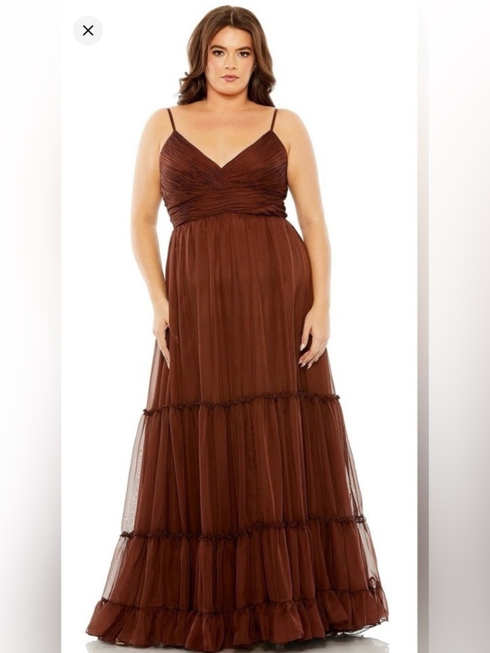 NWT Mac Duggal Tiered V-Neckline Ruched Gown Chocolate 14W